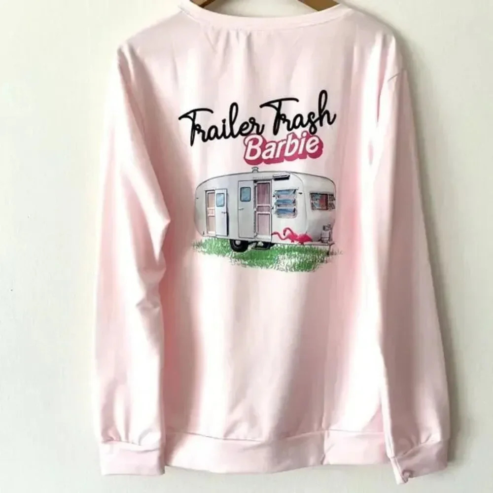Barbie Pink Long Sleeve Graphic Tee Shirt Women's L Camper Design Ugly Sweater